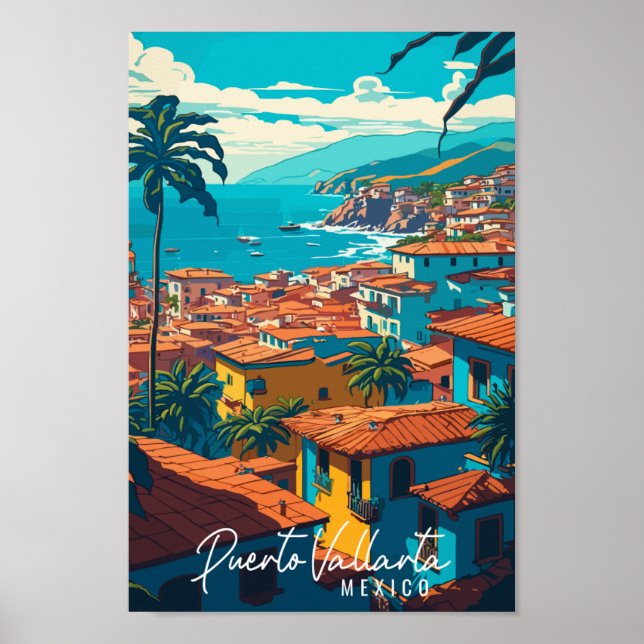 Puerto Vallarta Mexico vintage travel illustration Poster (Front)
