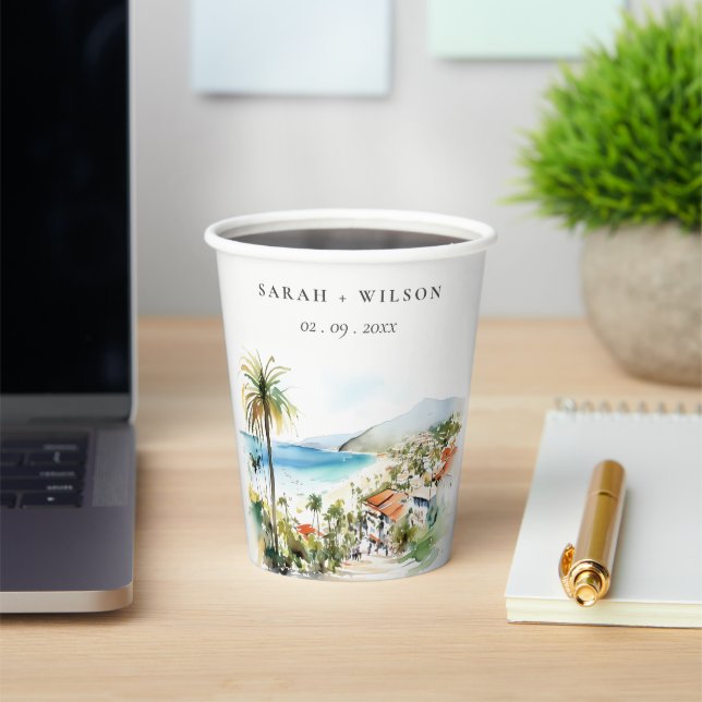 Puerto Vallarta Mexico Watercolor Scape Wedding Paper Cups (Insitu)