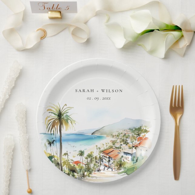 Puerto Vallarta Mexico Watercolor scape Wedding Paper Plate (Wedding)