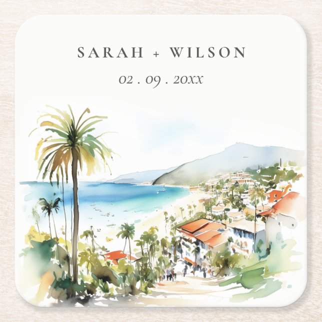 Puerto Vallarta Mexico Watercolor scape Wedding Square Paper Coaster (Front)