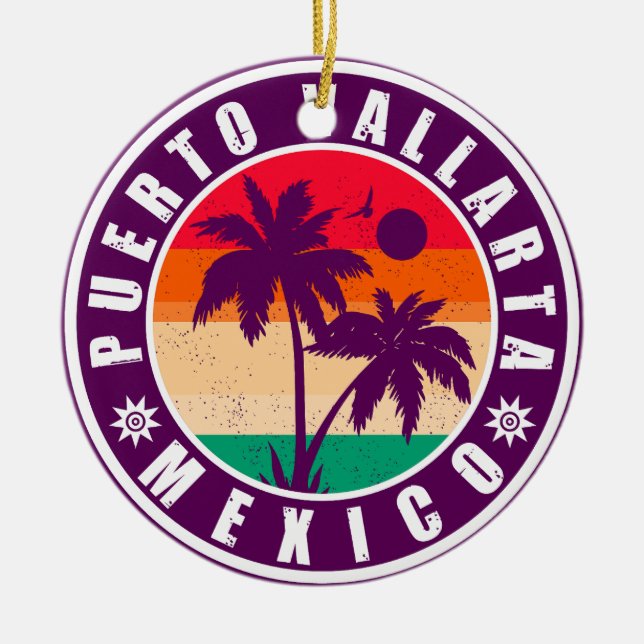 Puerto Vallarta Palm Tree Retro 80s Mexican Playa Ceramic Ornament (Front)