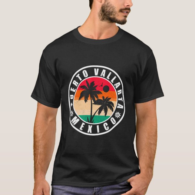 Puerto Vallarta Palm Tree Retro 80s Mexican Playa T-Shirt (Front)