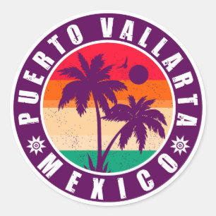 Puerto Vallarta Palm Tree Retro Souvenir 80s Classic Round Sticker