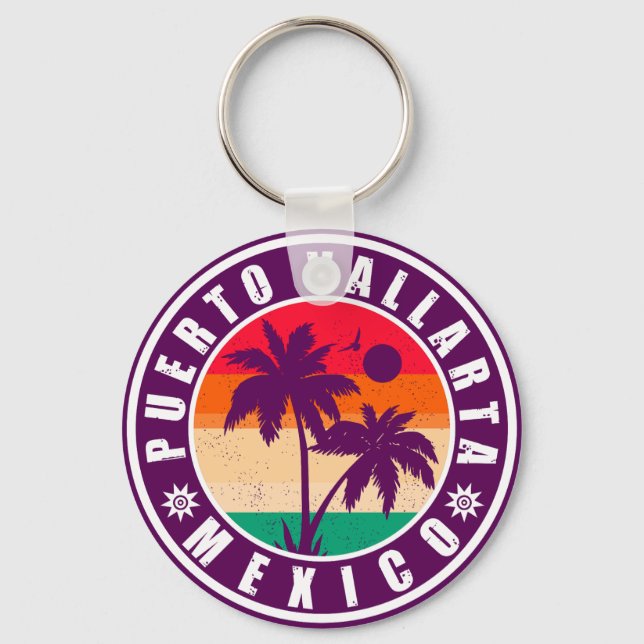 Puerto Vallarta Palm Tree Retro Souvenir 80s Key Ring (Front)