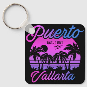 Puerto Vallarta Retro Sunset 80s Palm Trees Key Ring