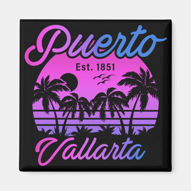 Puerto Vallarta Retro Sunset 80s Palm Trees Magnet (Front)
