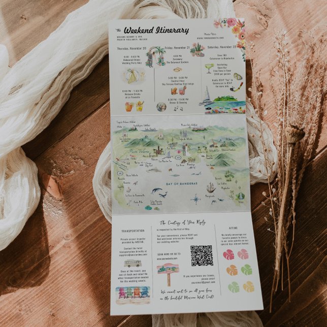 Puerto Vallarta Watercolor Wedding Itinerary Tri-Fold Invitation (Creator Uploaded)