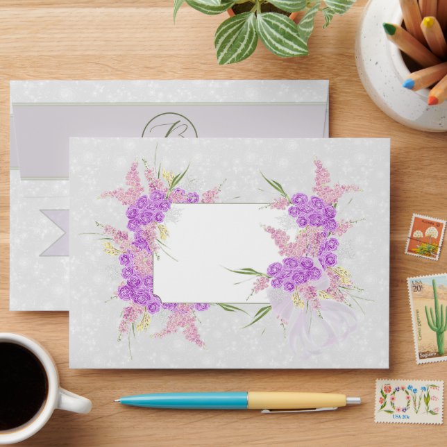 PuertoMadero-sheer lilac bow bouquet-grey-Monogram Envelope (Desk)