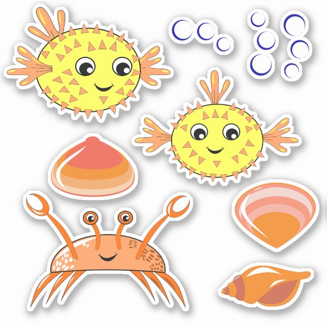 Puffafish, Crab and Shells Vinyl Sticker (Front)