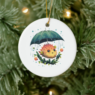 Puffer Fish Rainy Day With Umbrella Ceramic Ornament