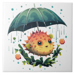 Puffer Fish Rainy Day With Umbrella Ceramic Tile