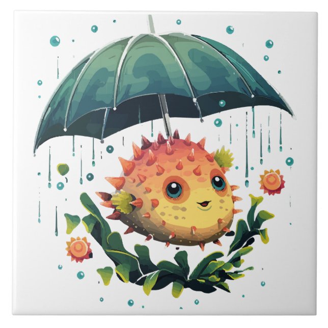 Puffer Fish Rainy Day With Umbrella Ceramic Tile (Front)