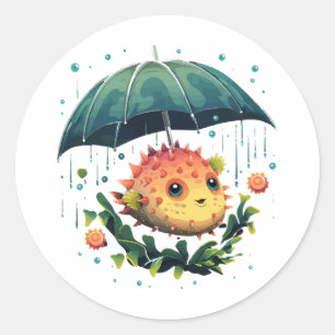 Puffer Fish Rainy Day With Umbrella Classic Round Sticker