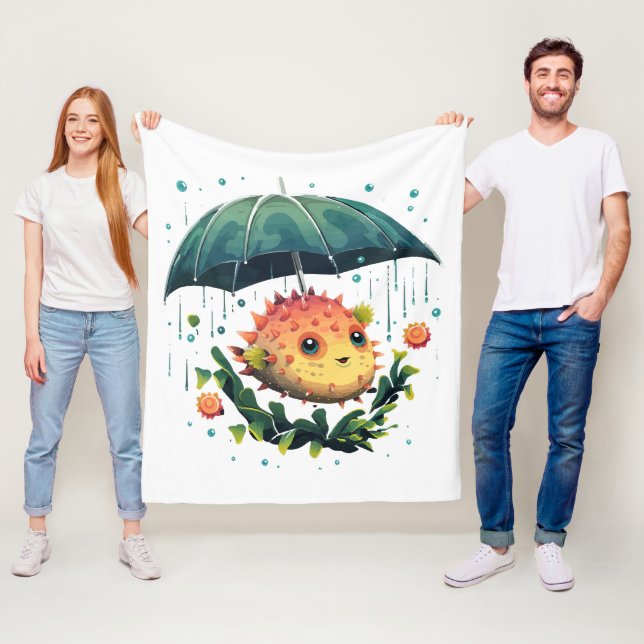 Puffer Fish Rainy Day With Umbrella Fleece Blanket (In Situ)