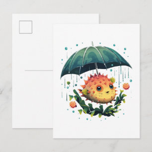 Puffer Fish Rainy Day With Umbrella Invitation Postcard