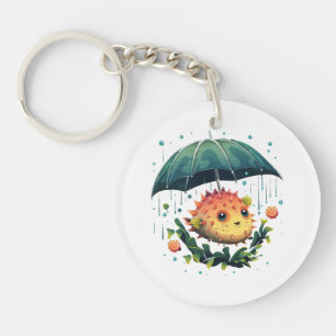 Puffer Fish Rainy Day With Umbrella Key Ring