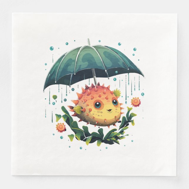 Puffer Fish Rainy Day With Umbrella Napkin (Front)