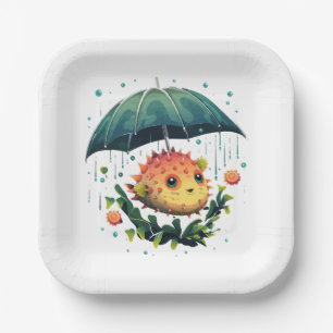 Puffer Fish Rainy Day With Umbrella Paper Plate