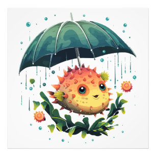 Puffer Fish Rainy Day With Umbrella Photo Print