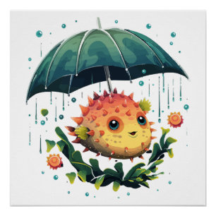 Puffer Fish Rainy Day With Umbrella Poster
