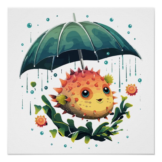 Puffer Fish Rainy Day With Umbrella Poster (Front)