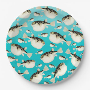 puffer fish teal pattern paper plate