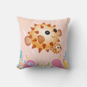 Puffer fishes in pink ocean scene, cushion
