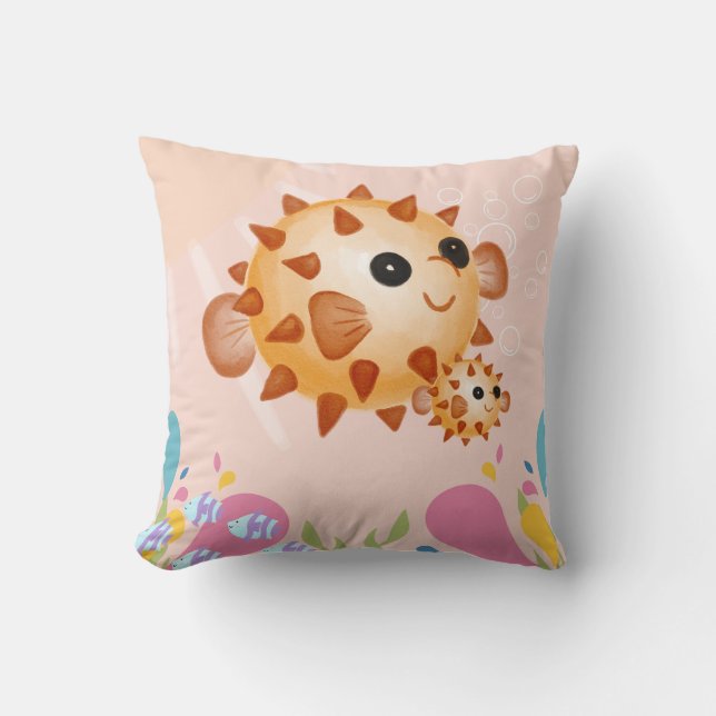 Puffer fishes in pink ocean scene, cushion (Front)