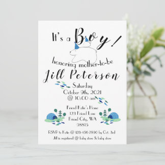 Puffin and Polar Bear Boy Baby Shower Invitation