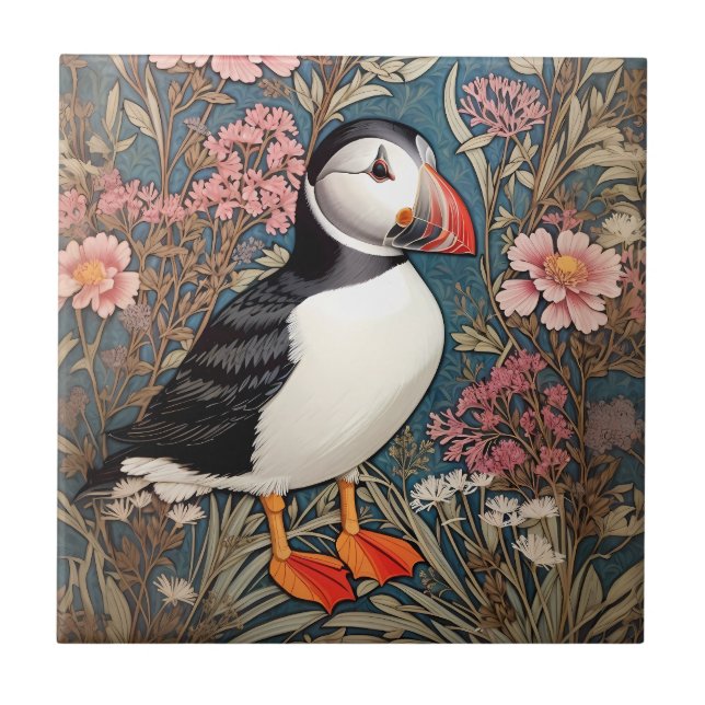 Puffin And Sea Thrift Flowers William Morris Ceramic Tile (Front)