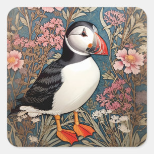 Puffin And Sea Thrift Flowers William Morris Square Sticker