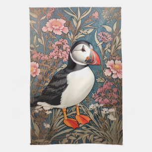 Puffin And Sea Thrift Flowers William Morris Tea Towel