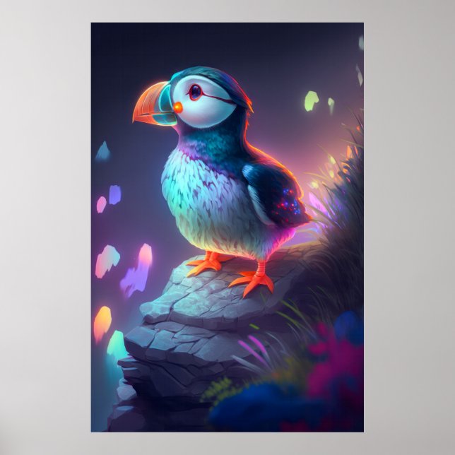 Puffin Bird Animal Portrait Painting Forest Spirit Poster (Front)