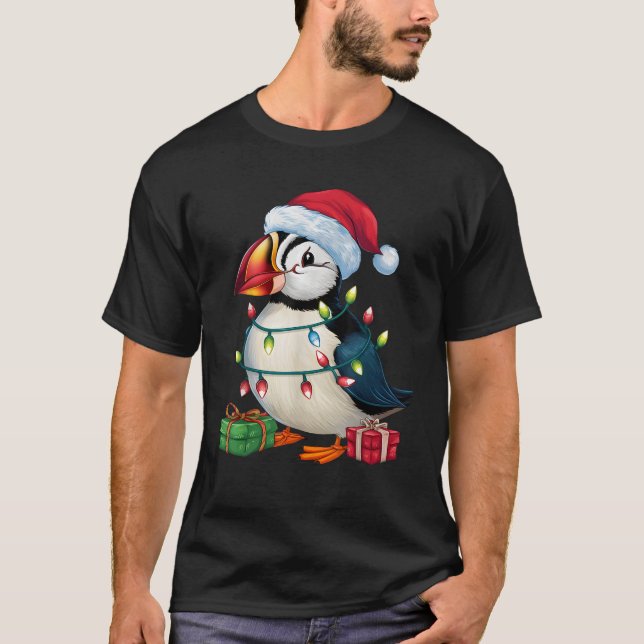 Puffin Bird Lover Xmas Lighting Santa Hat Puffin C T-Shirt (Front)