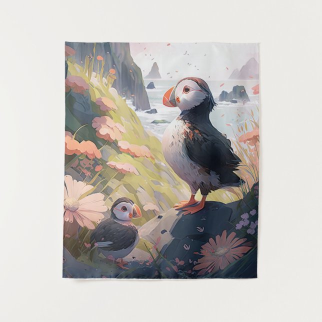 Puffin Bird Portrait Animal Painting Wildlife Free Tapestry (Front)