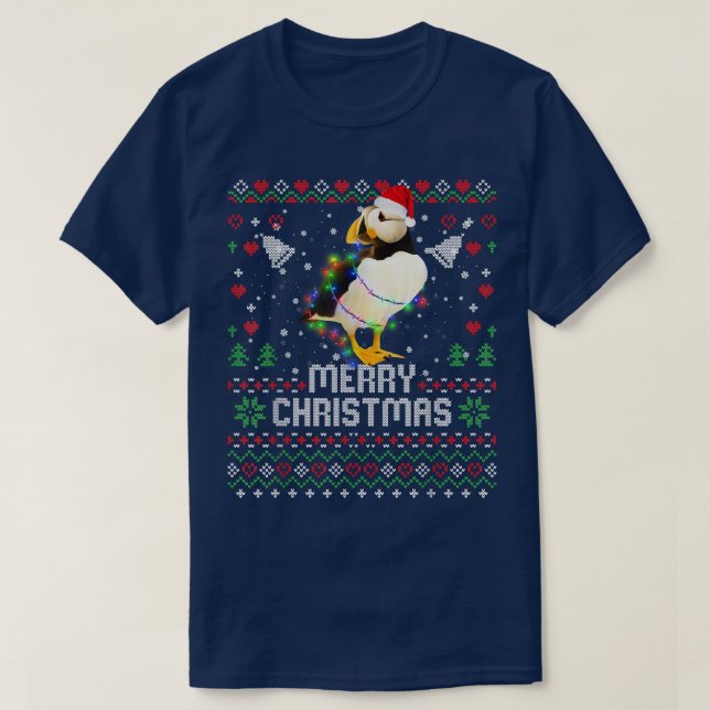 Puffin Bird Santa Hat Animal Christmas Tree Lights T-Shirt (Design Front)