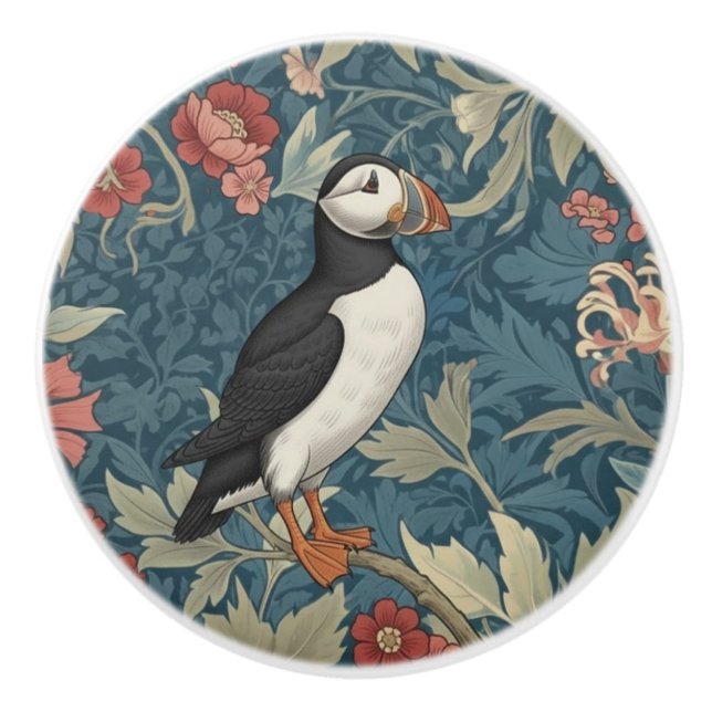 Puffin Bird William Morris style Right Facing Ceramic Knob (Front)