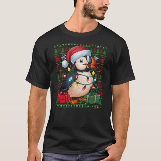 Puffin Bird Xmas Lights Ugly Santa Hat Puffin Chri T-Shirt (Front)