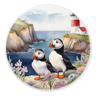 Puffin Birds on Coast with Lighthouse Ceramic Knob