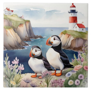 Puffin Birds on Coast with Lighthouse Ceramic Tile