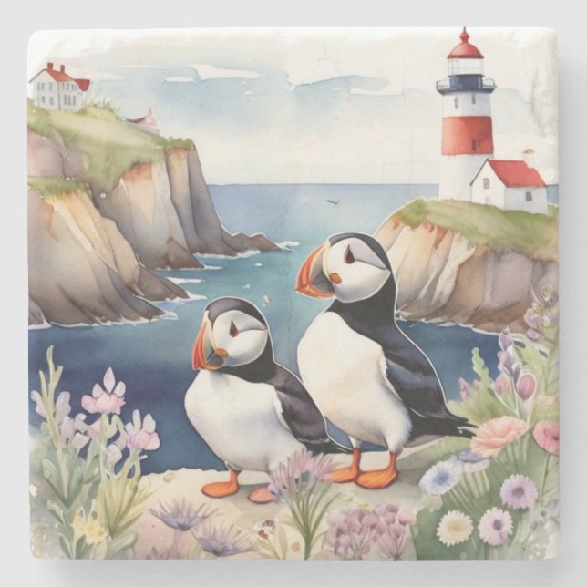 Puffin Birds on Coast with Lighthouse Stone Coaster (Front)