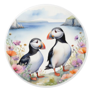 Puffin Birds on Floral Coast with Wildflowers Ceramic Knob
