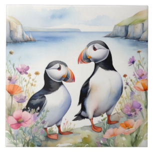 Puffin Birds on Floral Coast with Wildflowers Ceramic Tile