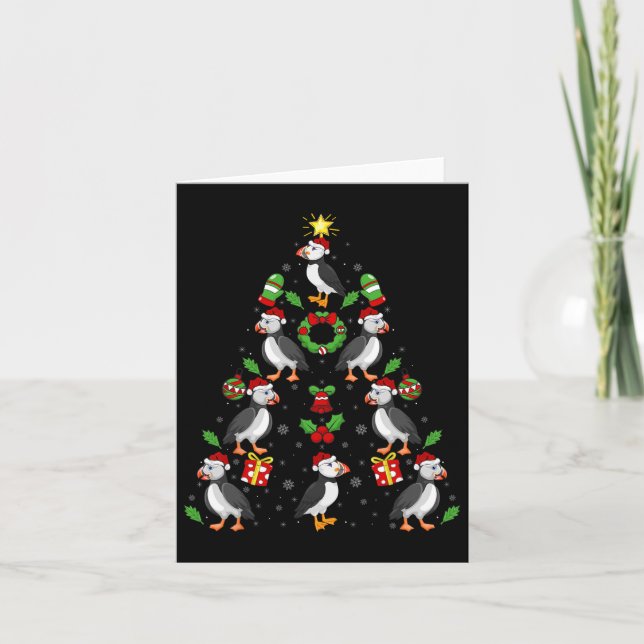 Puffin Birds Xmas Lighting Tree Puffin Christmas  Card (Front)