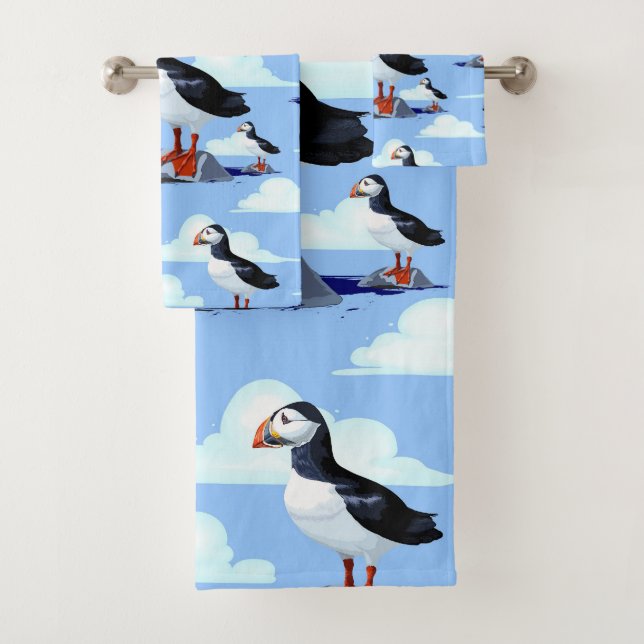 Puffin Cute Atlantic Seabird Bath Towel Set (Insitu)
