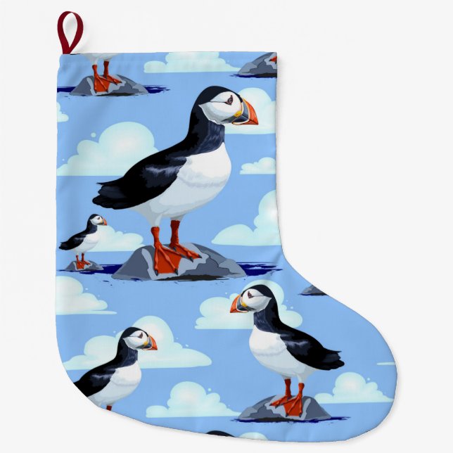 Puffin Cute Atlantic Seabird Large Christmas Stocking (Front)