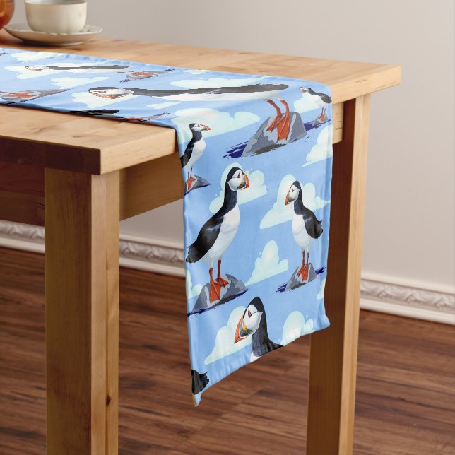 Puffin Cute Atlantic Seabird Short Table Runner (In Situ)