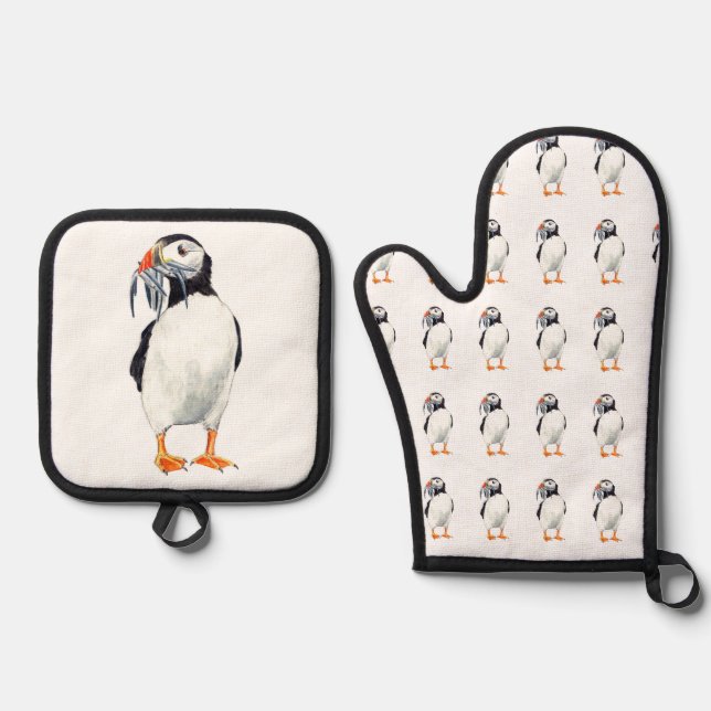 Puffin design oven mitt & pot holder set (Front)