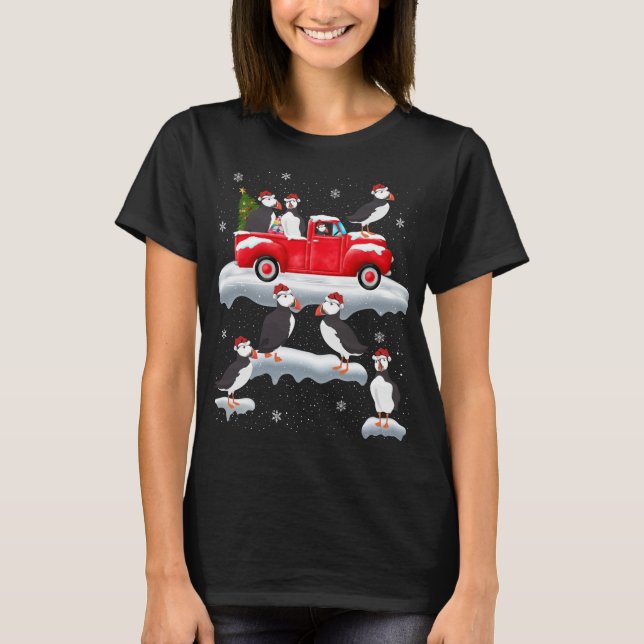 Puffin Driving Christmas Tree Red Truck Puffin Chr T-Shirt (Front)