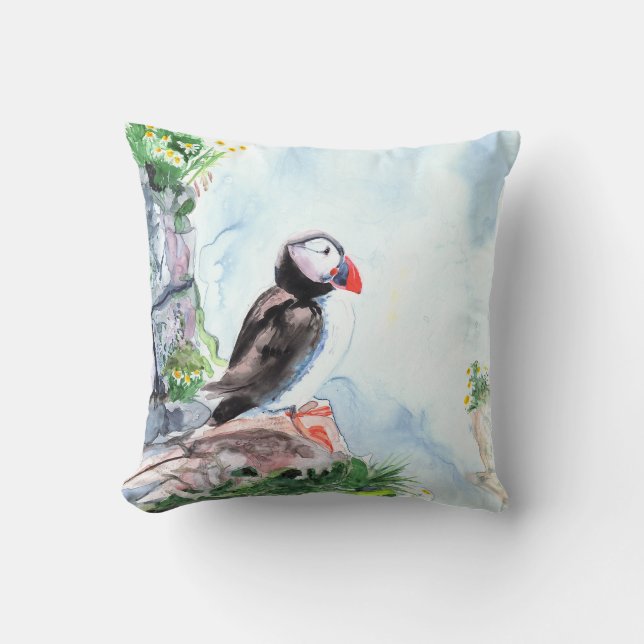 Puffin Fine Art Watercolor Cushion (Front)